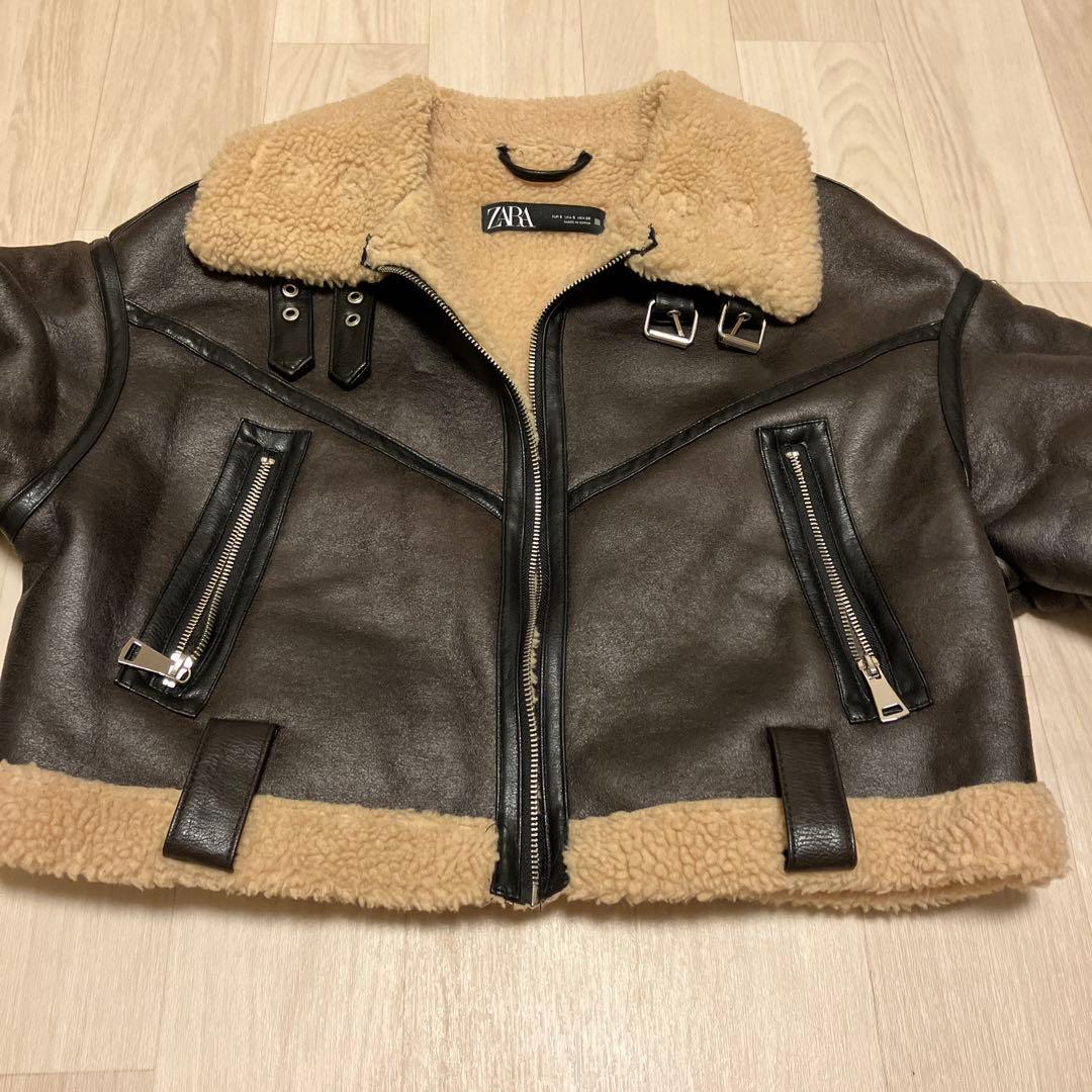 ZARA ブラウン フェイクレザーボアジャケット S - メルカリ