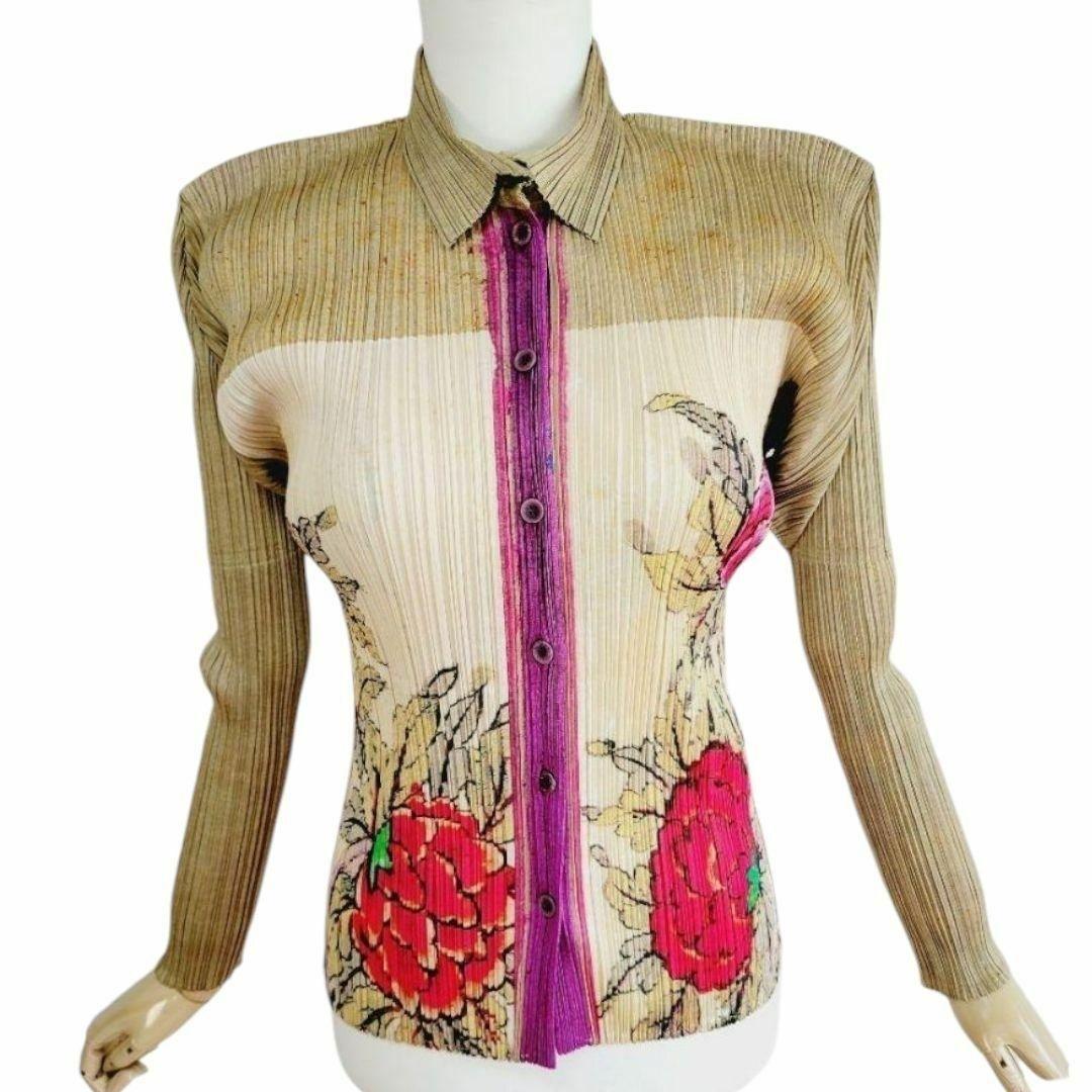 希少　名作　1998 プリーツプリーズ　日本画　花柄 牡丹 長袖シャツ