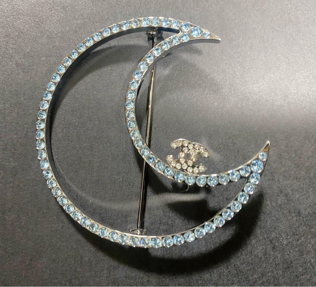 シャネル 三日月 ブローチ ココマーク ラインストーン シルバー×ブルー 箱付き