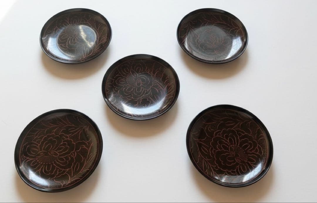 【未使用】最高級 輪島塗 銘々皿 5枚セット 牡丹彫 天然木 漆器