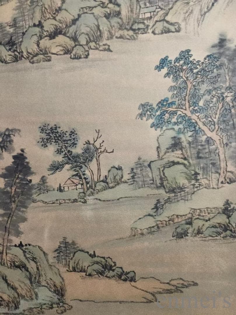 中国古美術【王時敏款 山水図 手描】古書画 正統派 三尺水墨画 掛軸 文