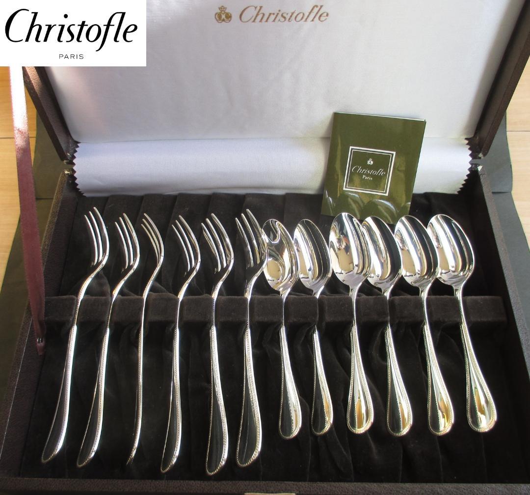 極美品☆高級銀器クリストフルシルバー銀Pカトラリー１２本　人気のパール　収納箱付