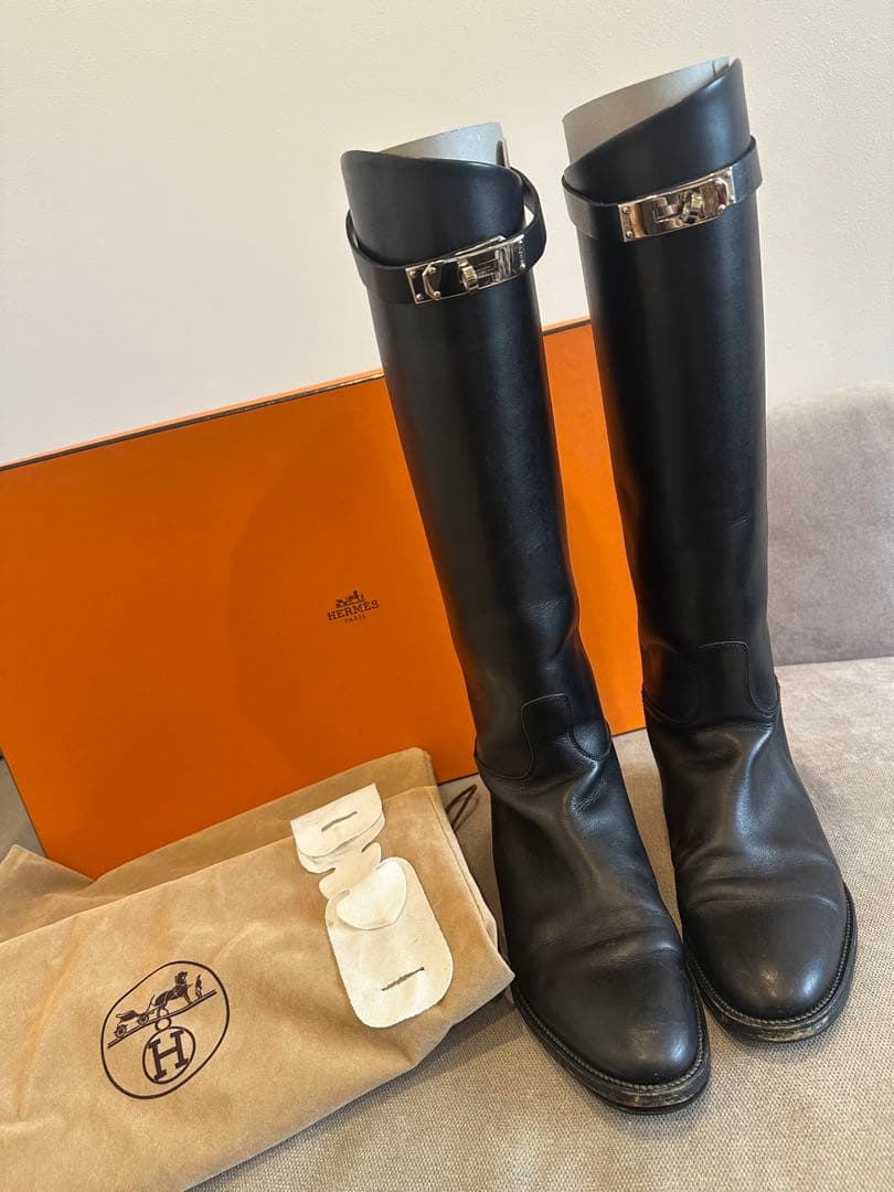 本物箱保存袋エルメスHERMESジャンピング黒革ケリーブーツシルバー金具37