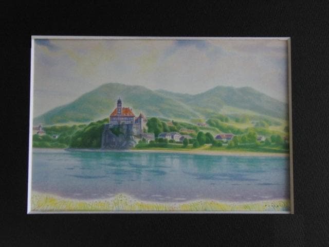 五十嵐二朗、【ドナウ川の古城】、希少な大判額装用画集より、美品