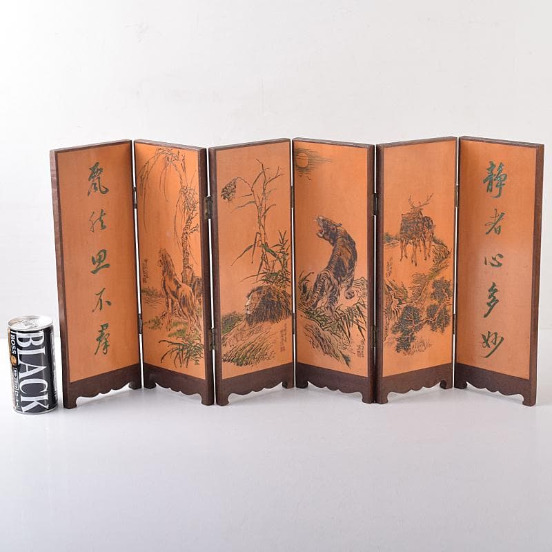 中国　彩色木彫　漢詩鹿虎獅子馬刻　屏風　衝立　D　R8122