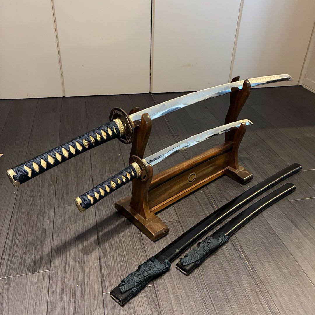 高級模造刀　金鍔　美術刀剣　太刀　脇差　大小セット　緑拵え　2本セット