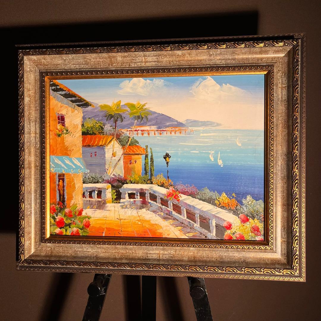 手書き油絵 地中海の風景 額付き  絵画 インテリア 油彩画
