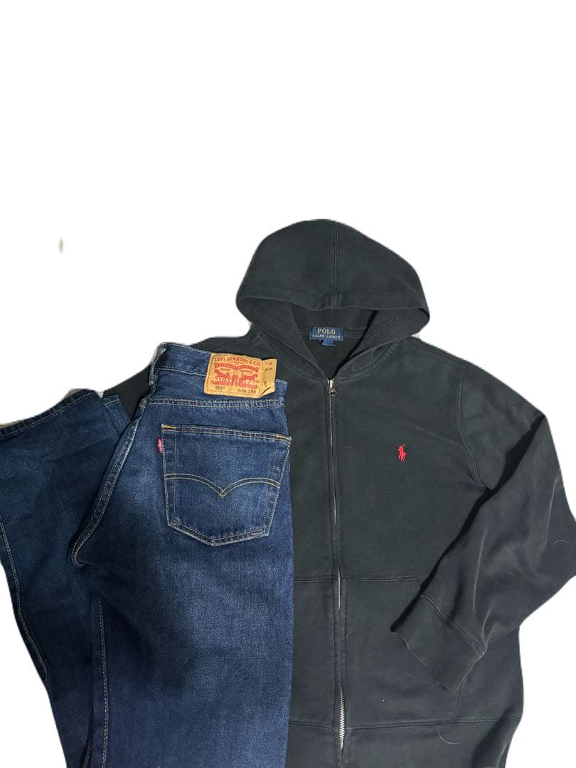 POLO黒ジップパーカー LEVI’S501濃紺デニムのセットメンズxs s相当 Levi's（リーバイス） フルジップ ジップアップスエットパーカー