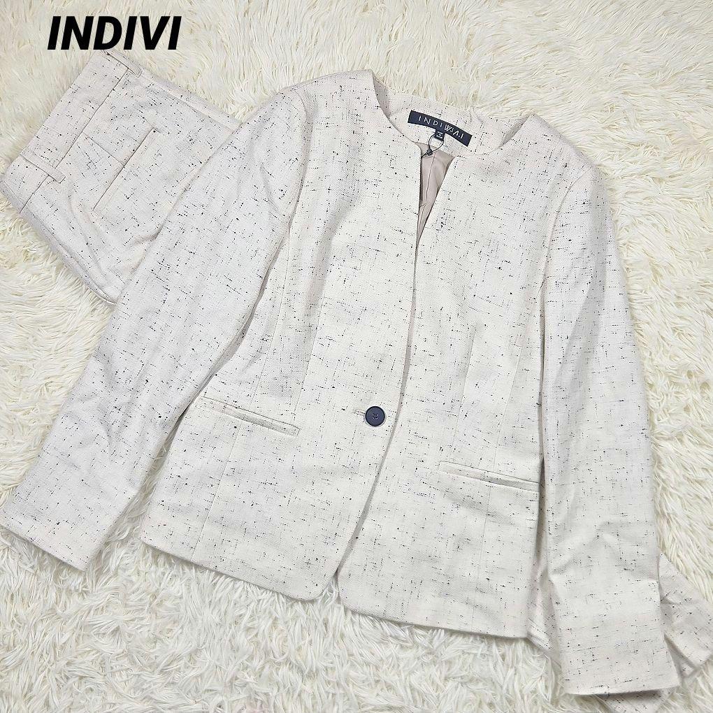 【未使用】　インディヴィ　ノーカラー　スーツセットアップ　ウール・コットン混　L