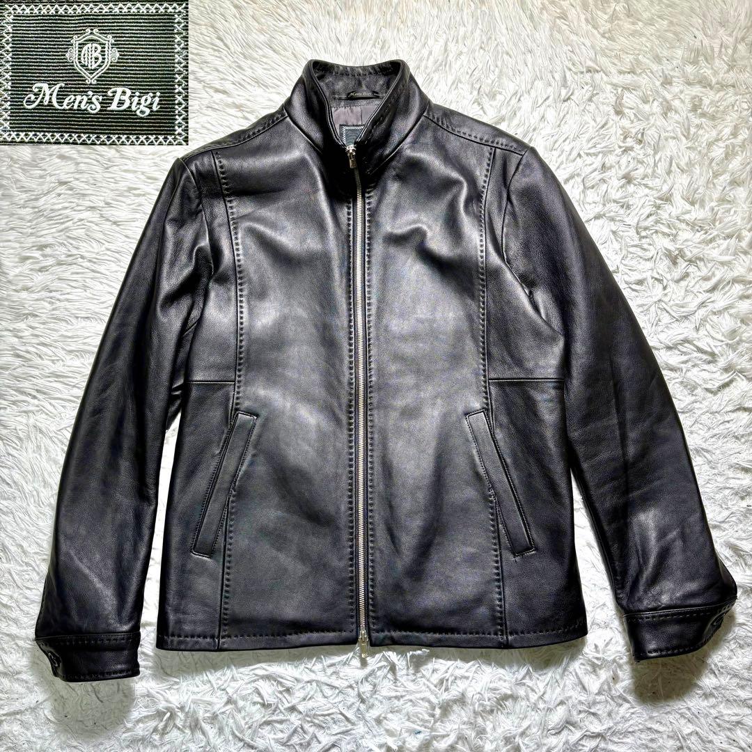 【極美品】MEN'S BIGI シングルライダースジャケット　レザー　羊　黒　M 極美品】MEN'S BIGI シングルライダースジャケット レザー 羊 黒 M