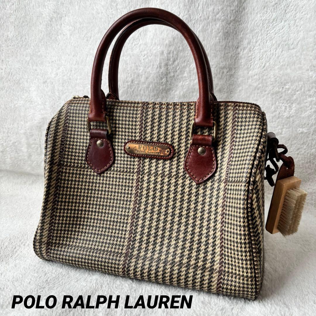 ポロラルフローレン 千鳥格子柄 ミニボストンバッグ PVCレザー ブラウン 茶