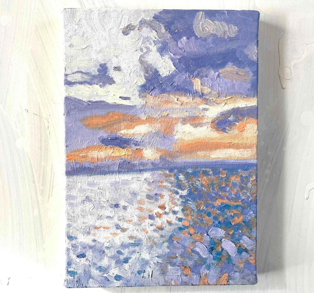 原画　油彩画「バイオレット色の海」絵画・アート・サムホールサイズ（16×23㎝）