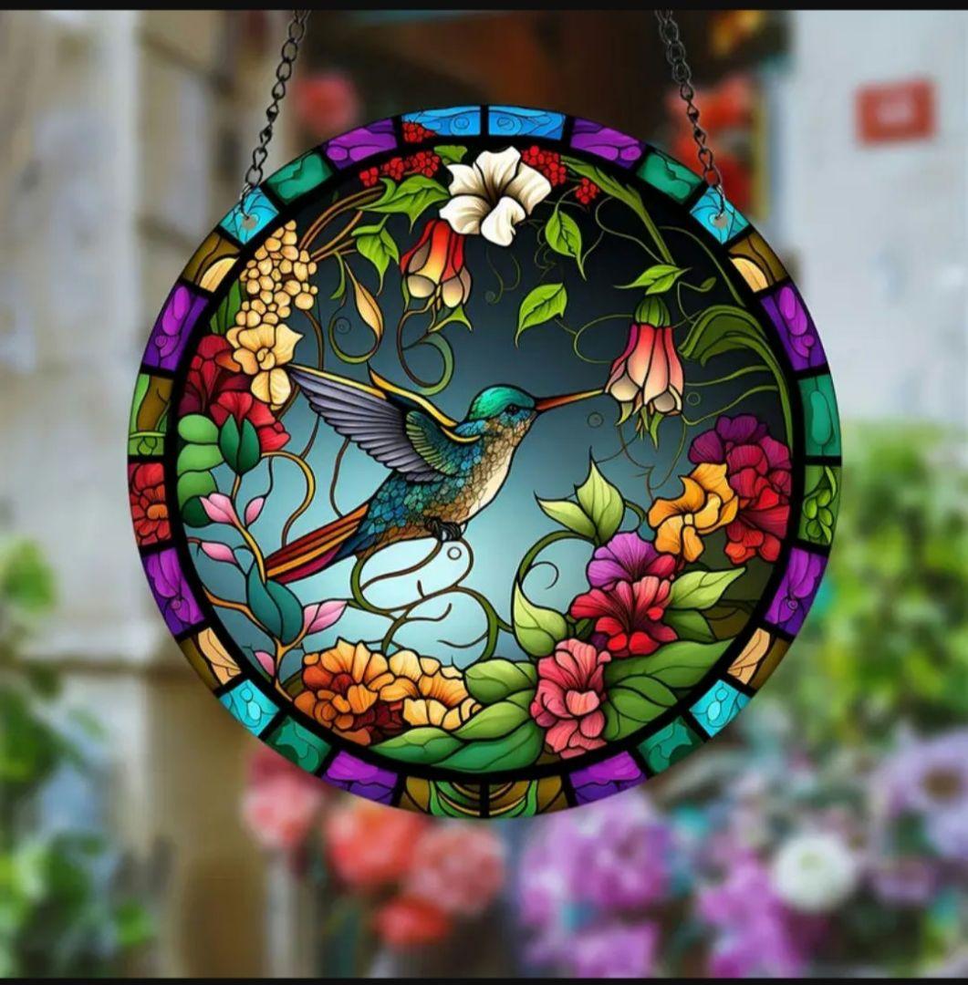 ⑫ ステンドグラス風 サンキャッチャー ハミングバード ハチドリ 鳥