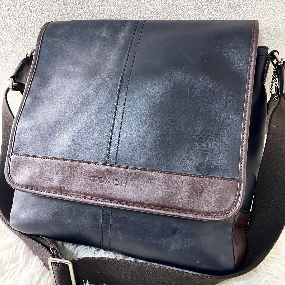 コーチ　COACH ショルダーバッグ　レザー　ネイビー　ブラウン　斜め掛け