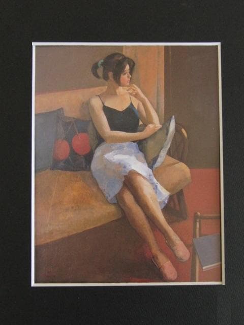 前田利昌、【長椅子の人】、希少な額装用画集画、新品高級額 額装付
