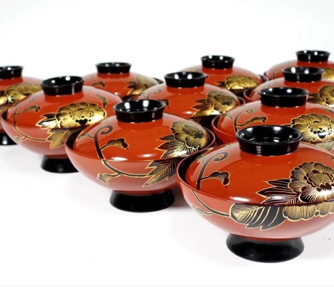 輪島塗 懐石椀汁椀 蒔絵椀 上質朱漆 牡丹沈金 蓋碗十客 共箱 - メルカリ