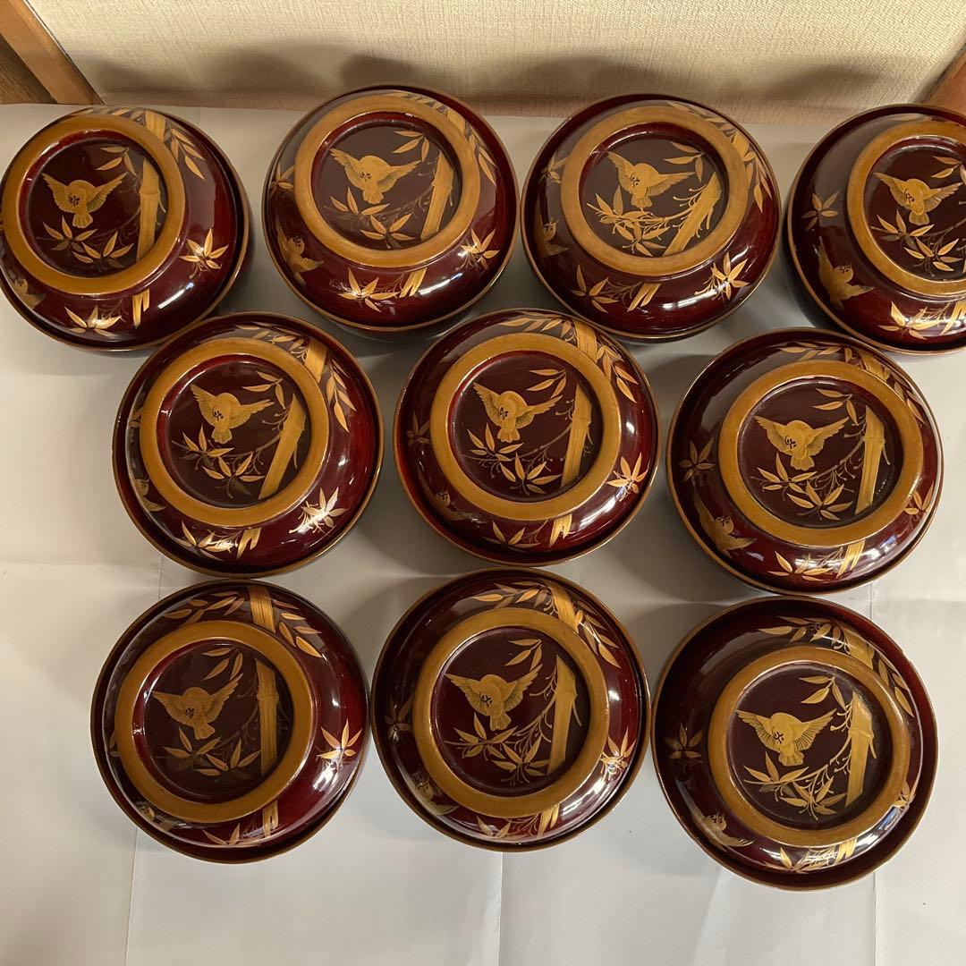 輪島塗　天然木蒔絵「竹に雀文」吸物椀(雑煮椀)10脚揃　明治後期から大正頃 漆芸】 輪島 漆匠春象 正法寺蒔絵煮物椀 10客セット 共箱 15530