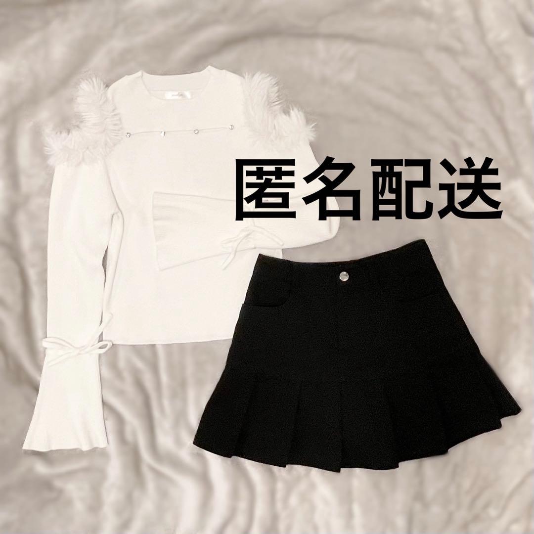 evelyn ファービジューペプラムニット ホワイト ミニスカート セット