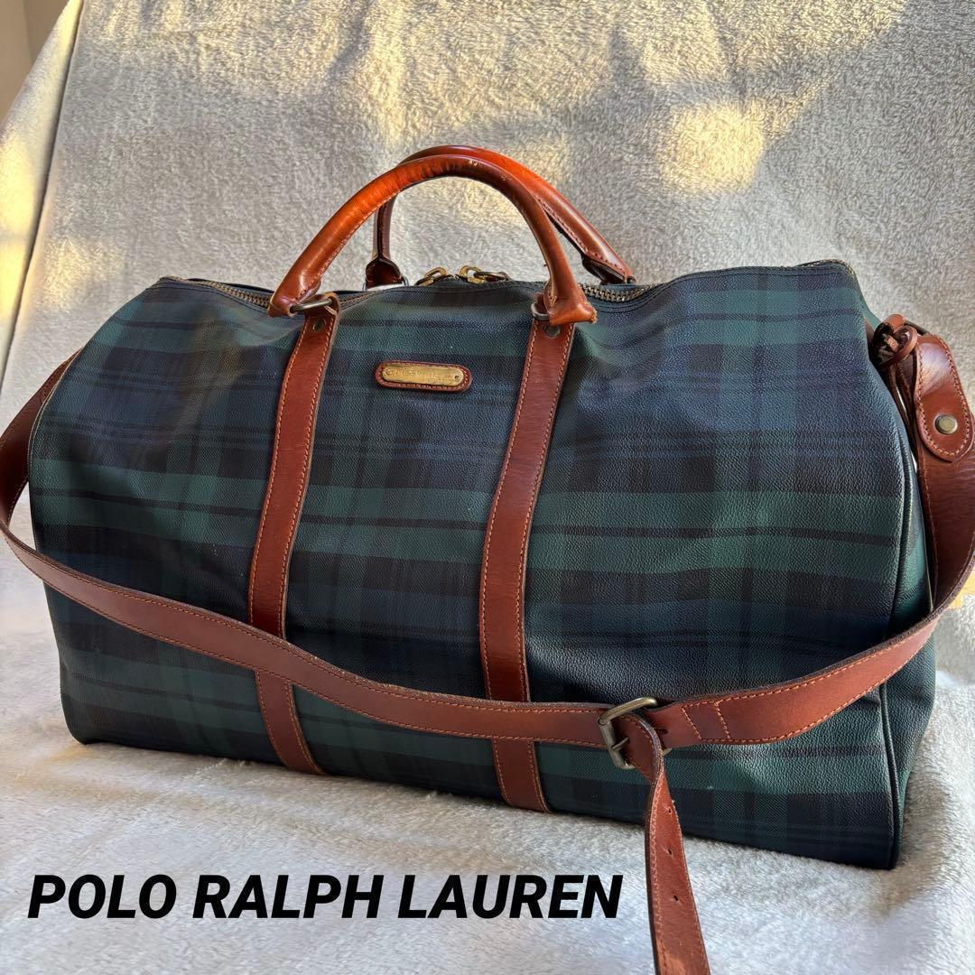 ポロラルフローレン ボストンバッグ 2WAY PVCレザー グリーン チェック柄