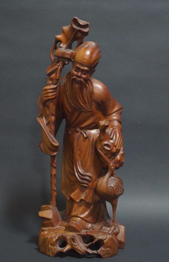 オールド柘植 つげ 黄楊木 細工彫り『寿老人鶴立像』置物 オブジェ高36.5cm 根付(七福神：寿老人)(本黄楊・柘植) : EI-Trade Store - 通販 - Yahoo
