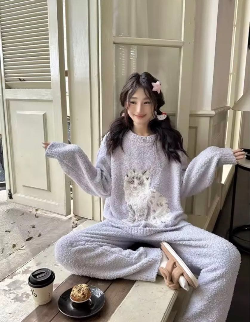 新品！ジェラピケお好きな方に！キャットのプルオーバーふわもこ上下セットブルー ジェラートピケ gelato pique ツインズキャットジャガードプルオーバー