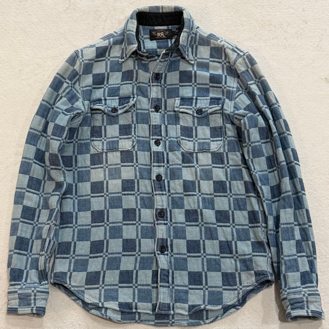 ダブルアールエル ラルフローレン 肉厚デニムシャツ チェック パッチワーク 青系