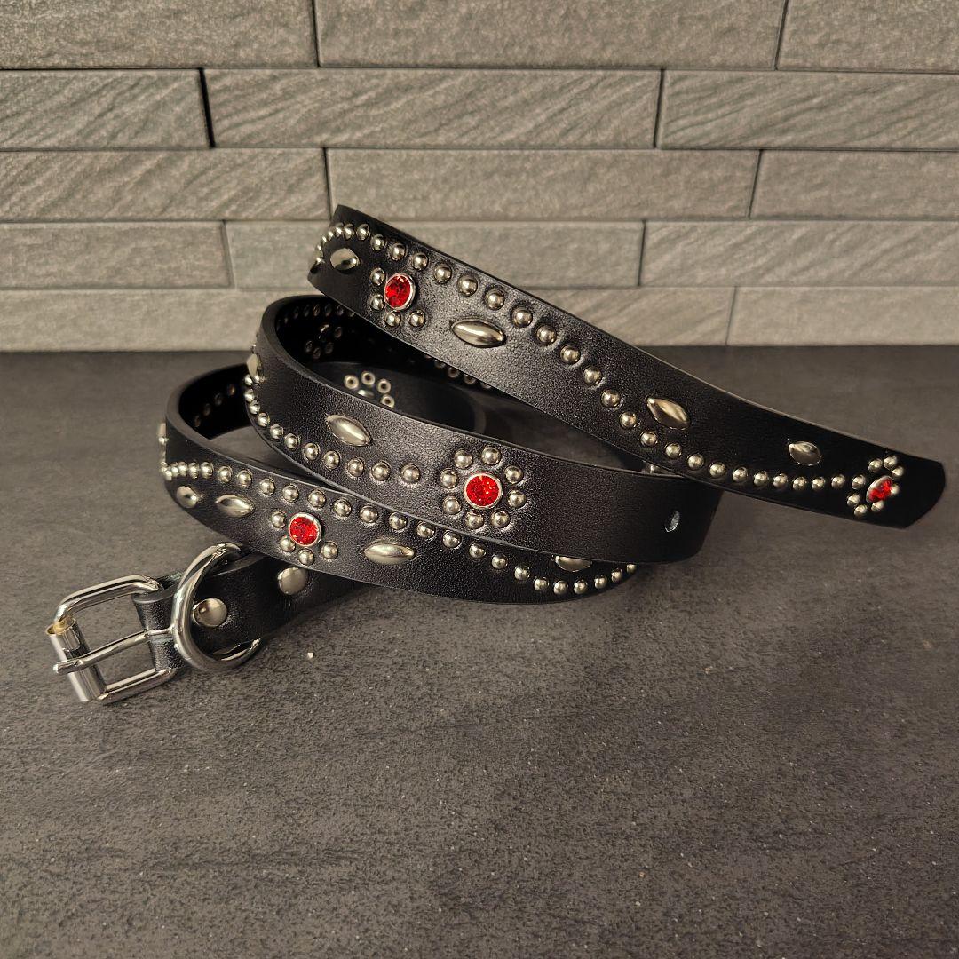 フラワー赤□本革レザーフルスタッズナローベルト☆アメカジ古着