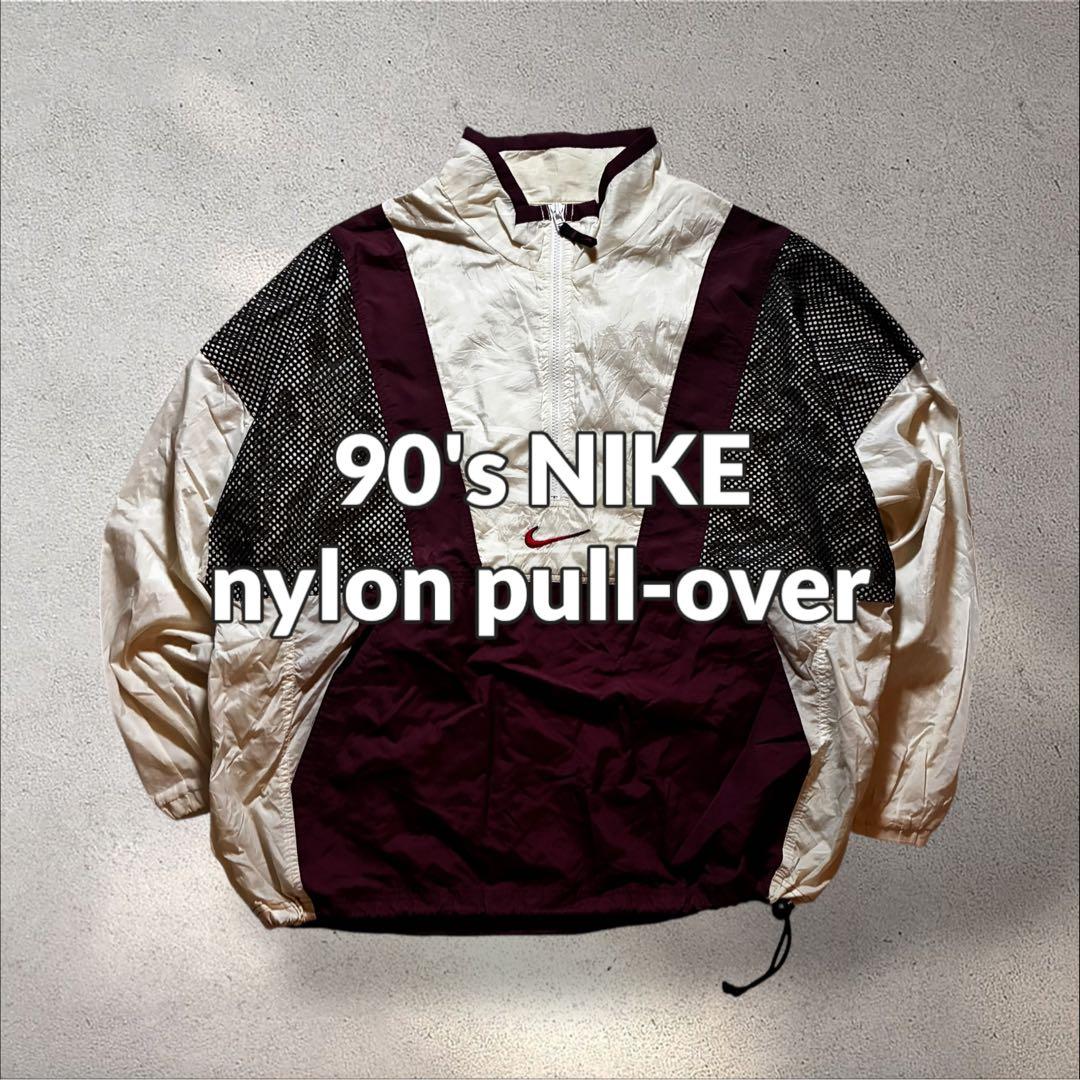 90s NIKEナイロンジャケットハーフジップ刺繍ロゴメッシュバックロゴドローコ