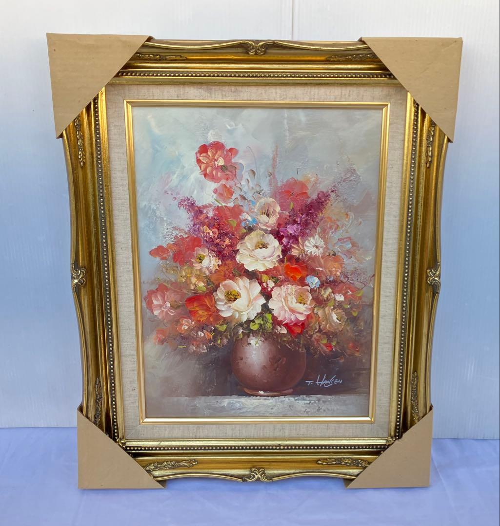 油彩画 油絵 花瓶の花 T.HANSEN バラ