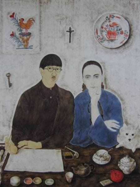 藤田嗣治、【室内、妻と私】、希少画集画、新品高級額・額装付、状態