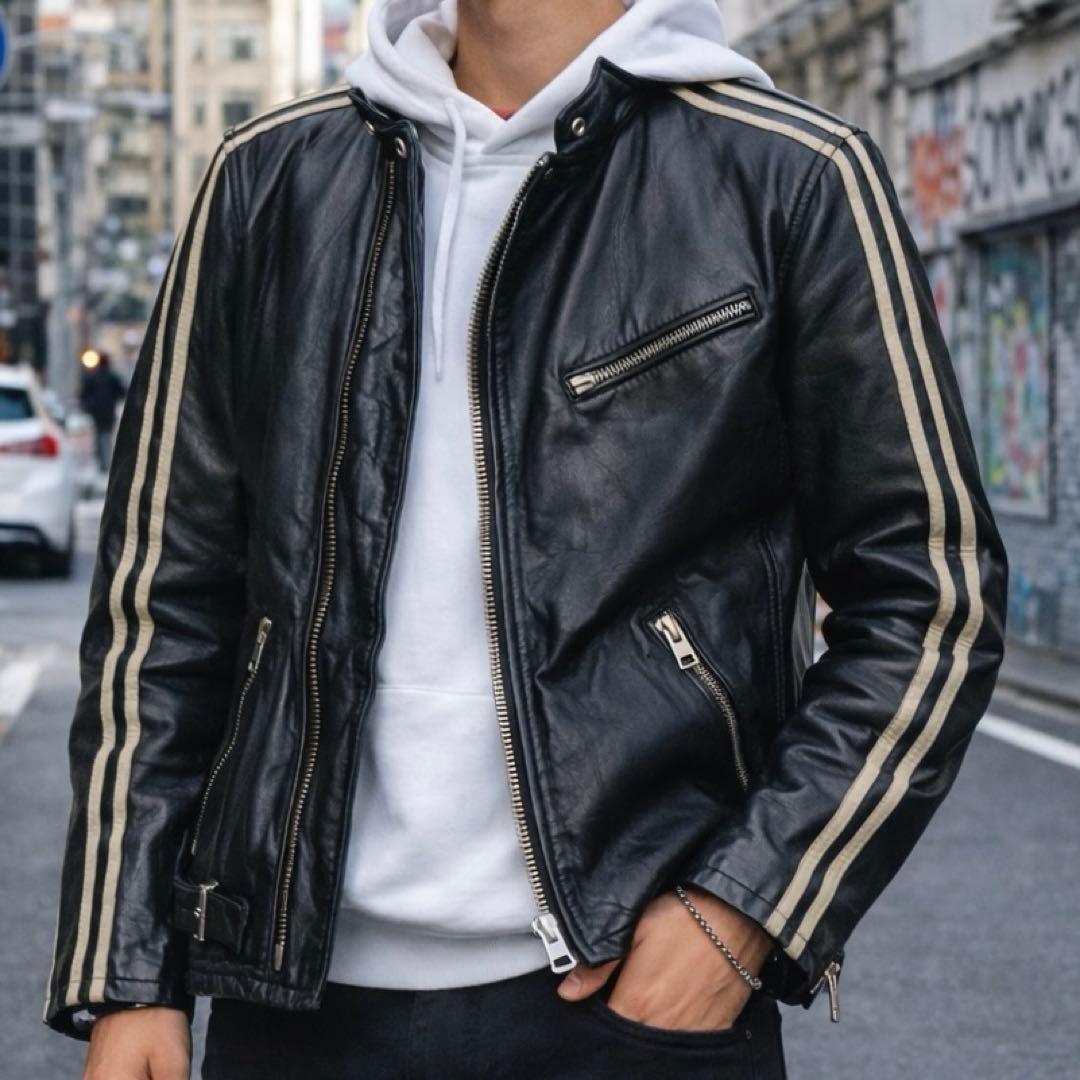 【y2k】フリーダム ライダースジャケット シングル 牛革 38 黒 袖ライン