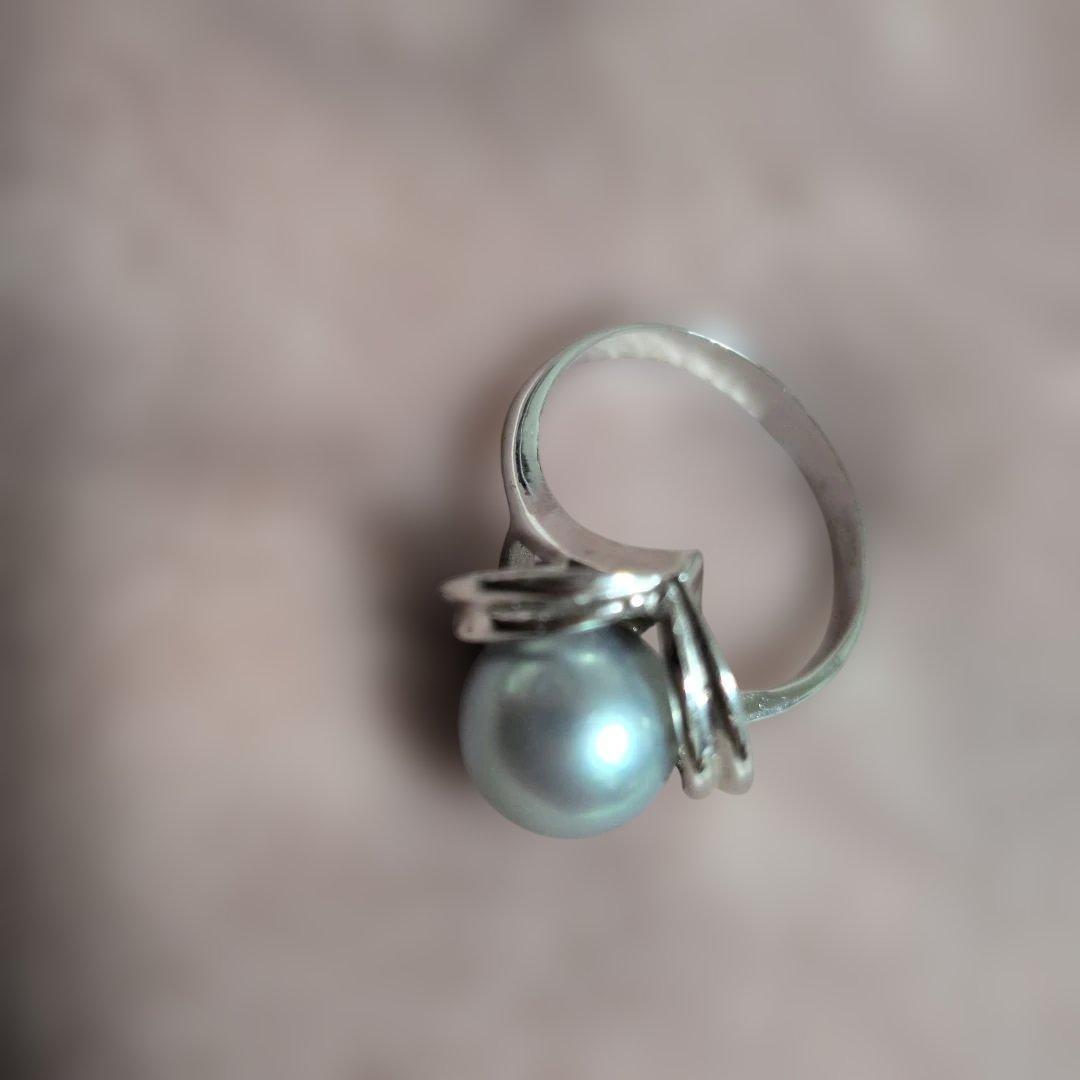 K14WG シルバーリング グレーパールのような　指輪　昭和レトロ