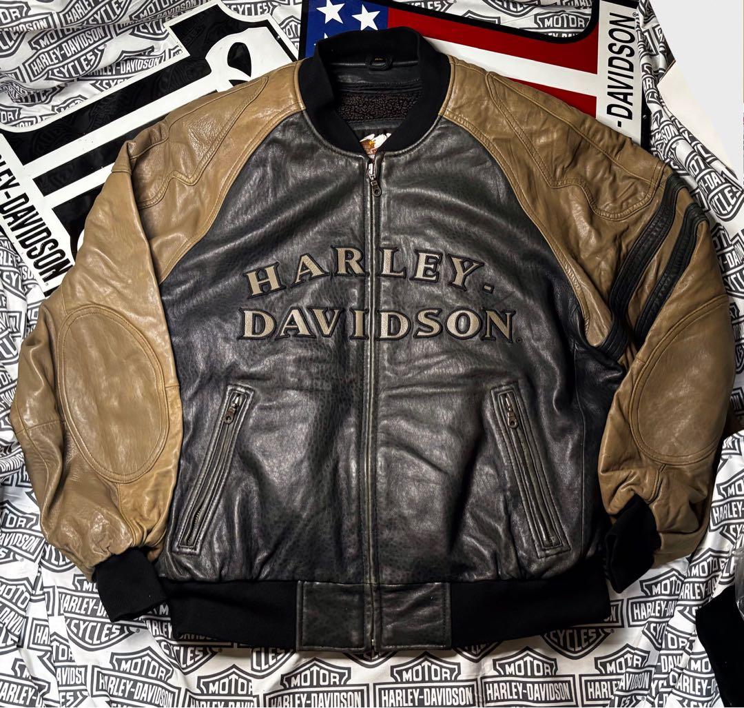 ハーレーダビッドソン 前後革刺繍ロゴ⭐️レアなラム本革製ジャケット脱着ボアライナー