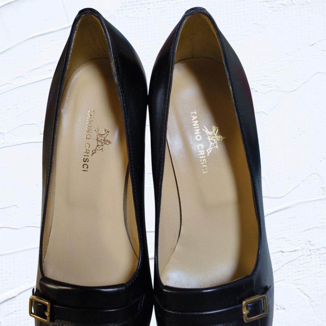 ❤美品❤タニノクリスチー 37 パンプス 黒 ロゴ刻印 希少 イタリア製