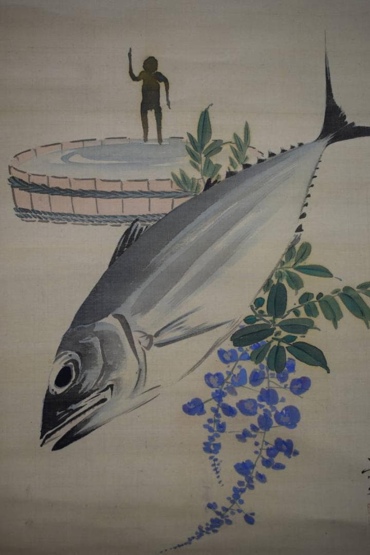 模写/松村景文/五月/人物/カツオ/小禽/藤/桐題箱付/布袋屋掛軸A-39 松村景文「光琳写しお多福図」 - 藤美術