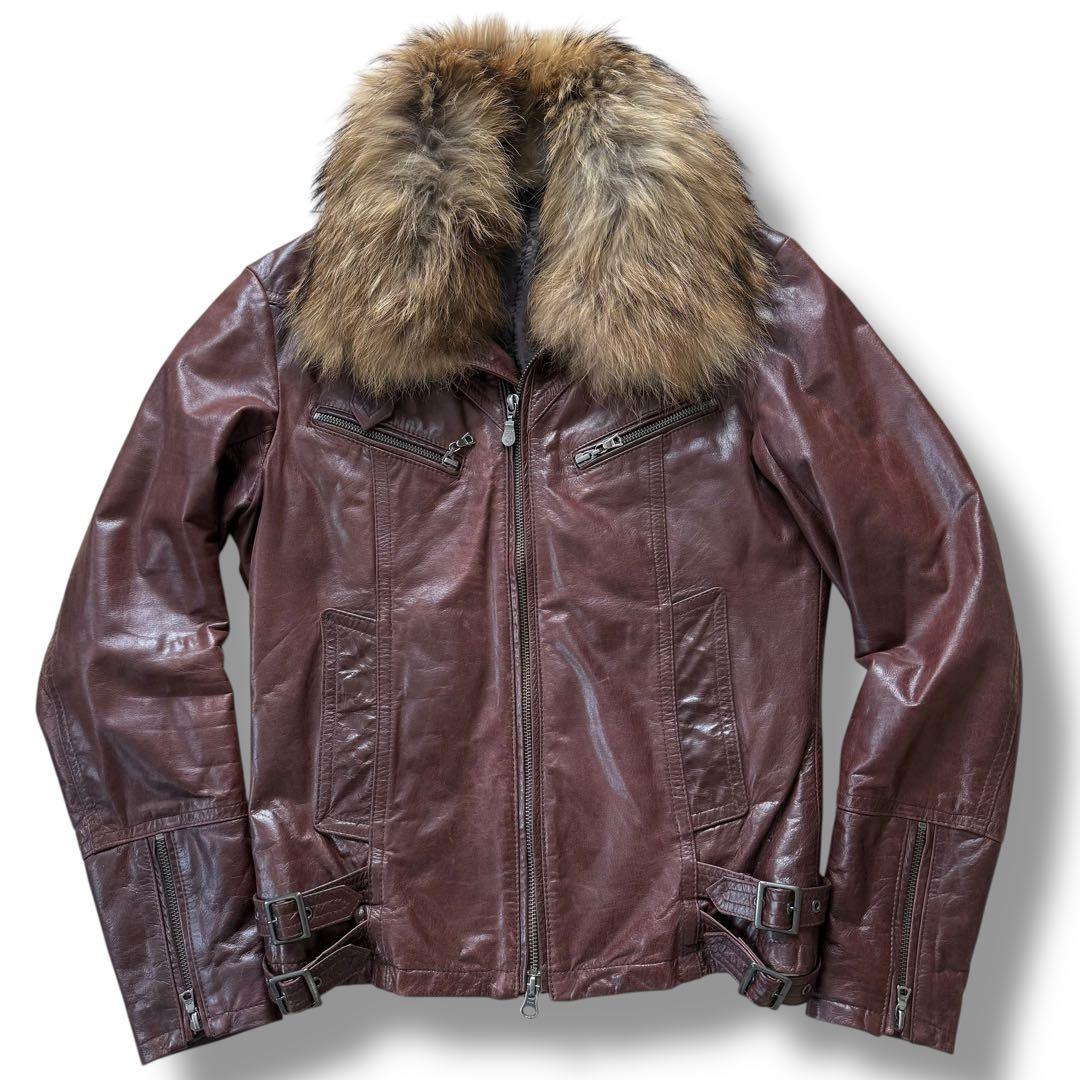 トルネードマート カウレザー ジャケット 着脱可能 ファー付き バーガンディ M