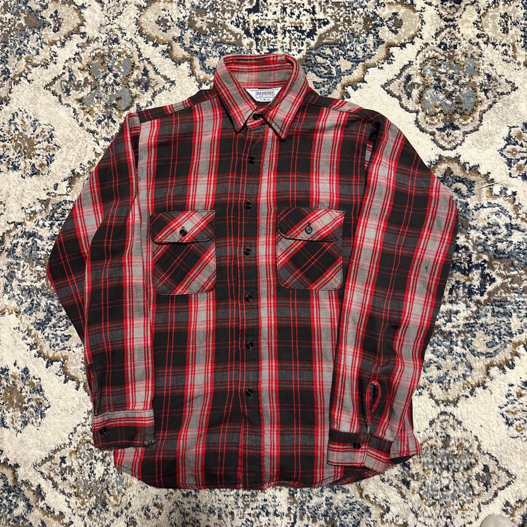 80s five brother USA製三角タググ グレー赤チェックネルシャツ - メルカリ