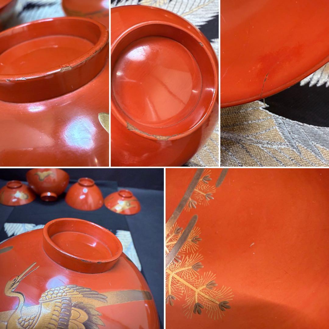 漆器 輪島塗 金蒔絵松鶴文 木製 蓋付椀 お煮物椀 吸物椀 5客 骨董品