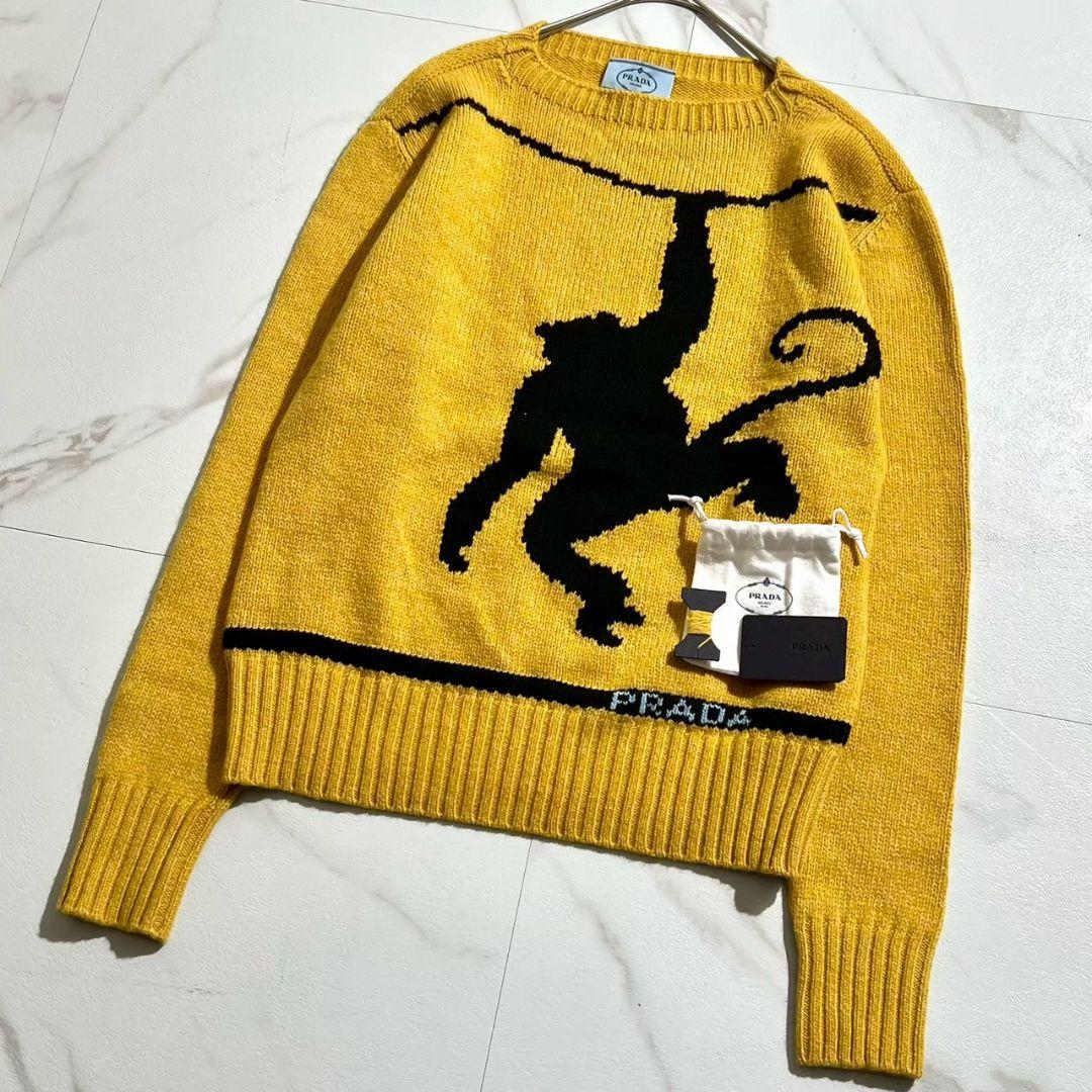 極美品！プラダ　モンキー刺繍　カシミヤ混　クルーネックニット　セーター　36 M 極美品！プラダ モンキー刺繍 カシミヤ混 クルーネックニット セーター