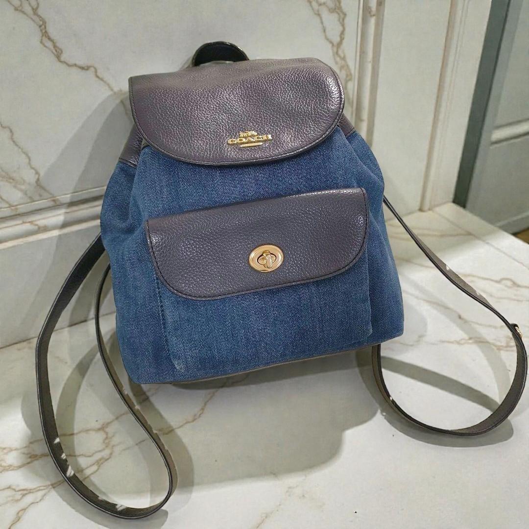 美品 COACH バックパック デニム レザー ネイビー ターンロック 花柄