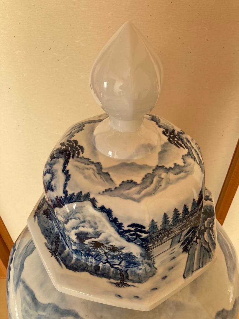 有田焼 藤井錦彩作 染付山水図 大壺 沈香壺 伝統工芸美術
