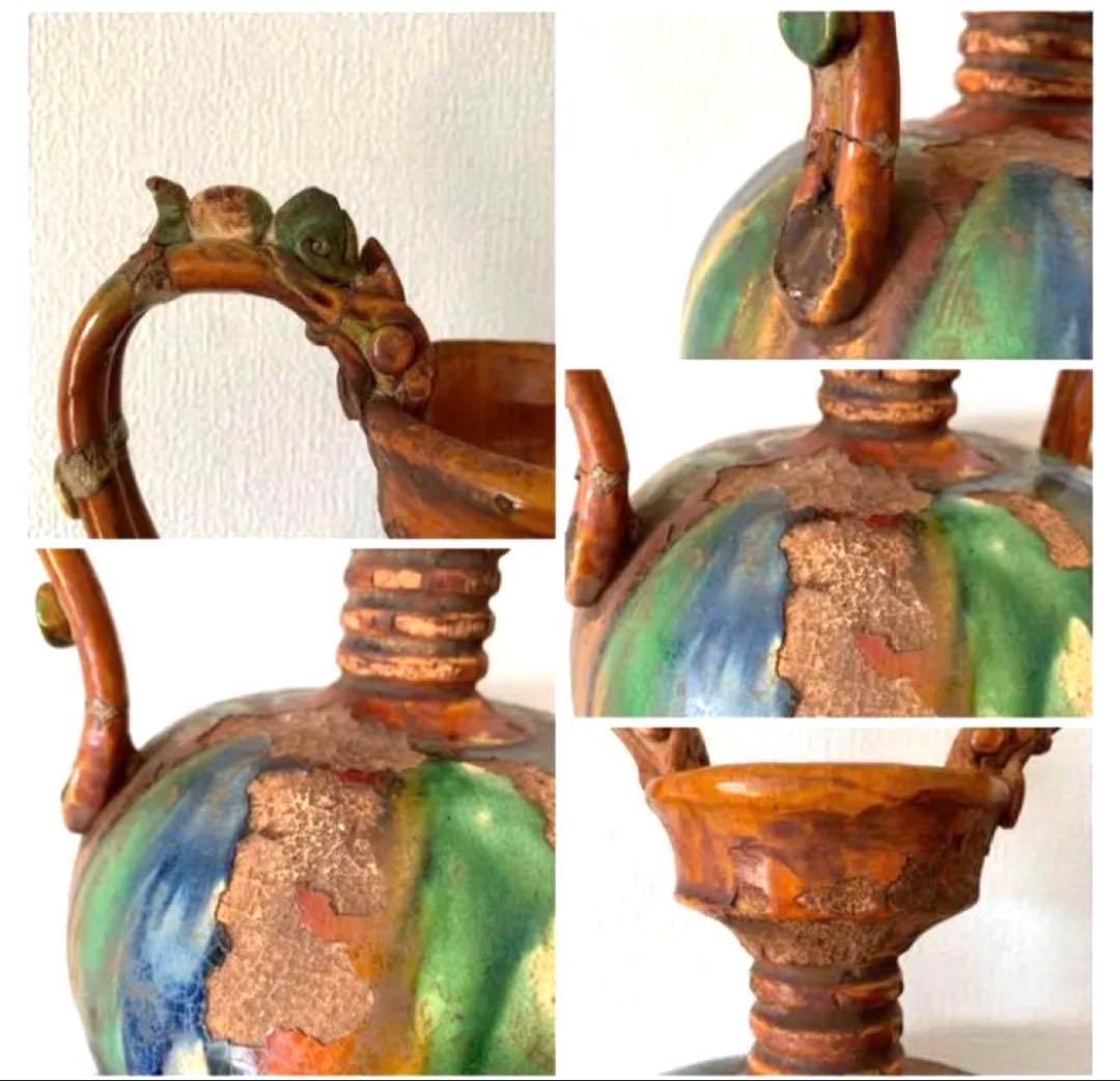 中国古美術 唐時代 贵妃双龍頭三彩瓶 時代物 Y04三彩双龍耳花 - メルカリ