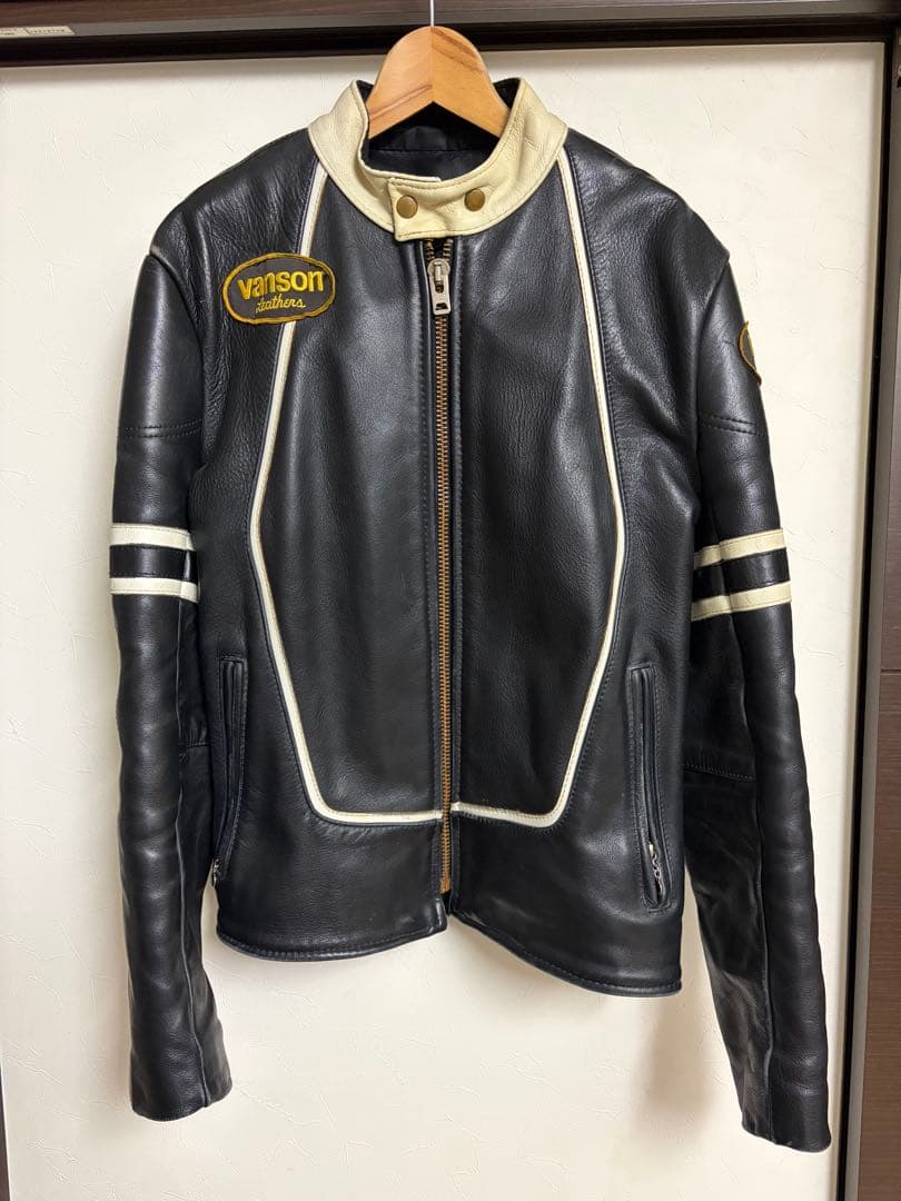 VANSONシングルライダースジャケットブラック/ホワイト/ブラックsize38