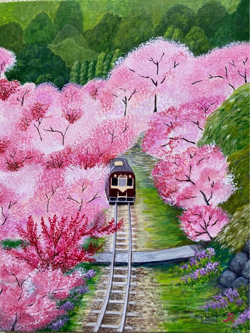 ご依頼品　花の絵　風景画　アクリル画　原画 「花桃のトンネル」F6「三春の滝桜」