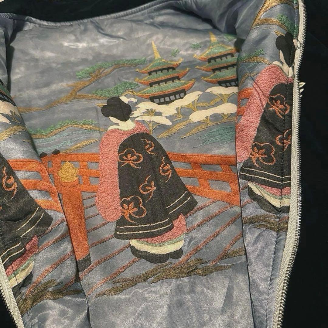 スカブルゾン】刺繍ドラゴンと鷲のベルベットジャンパー ネイビーLL