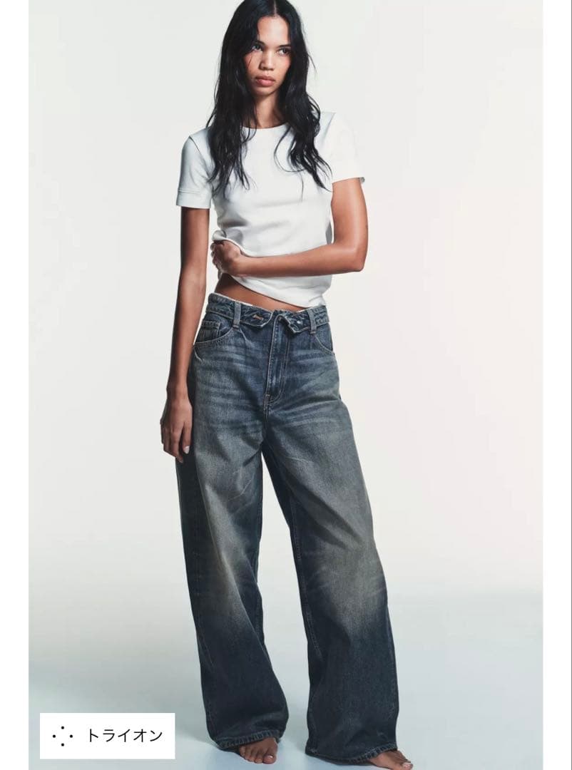 ZARA TRFミッドライズ折り返しウエストデニムパンツ　XS