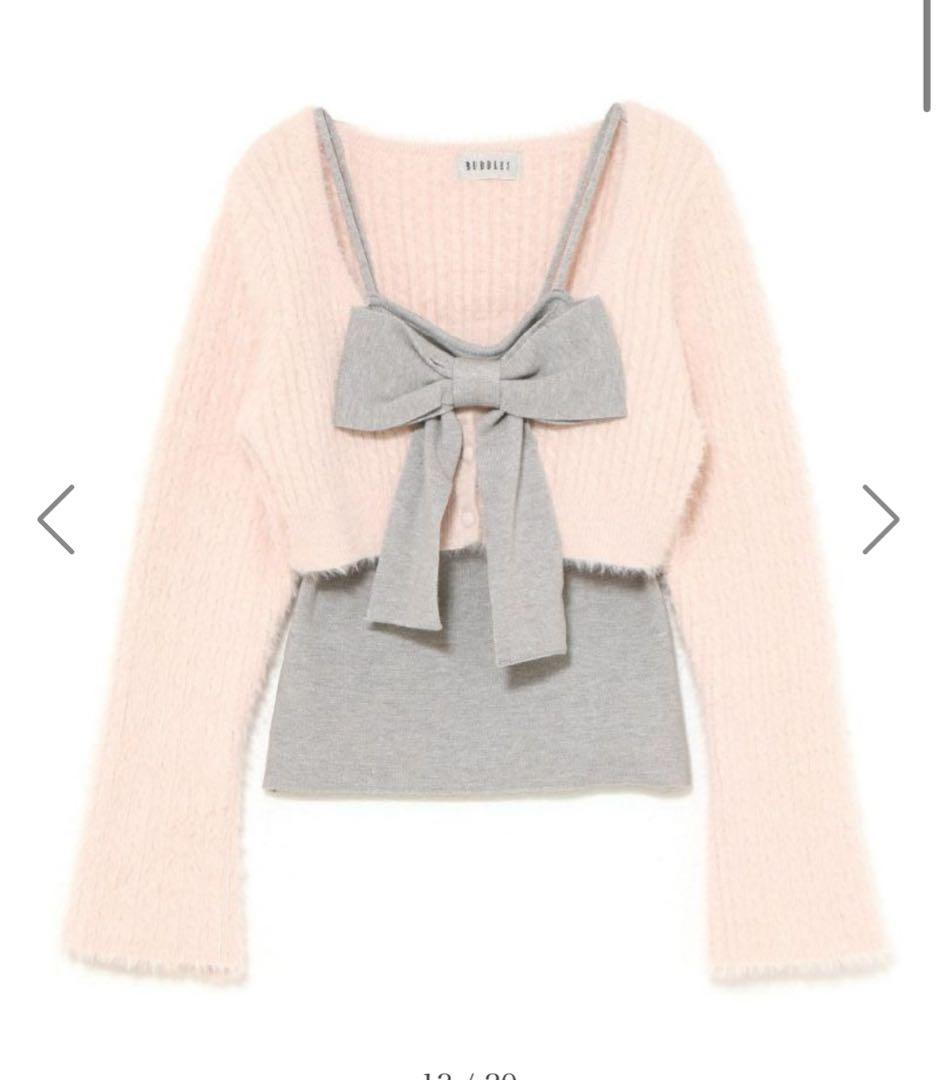 bubbles ピンク ニット リボン付きピンクグレー長袖ニット