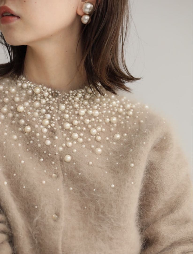 IENA LA BOUCLEアンゴラ混グラデーションパールビーズ刺繍カーディガン