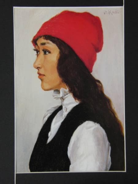 梶 進 「ピンクの帽子」、限定画集より、藤島 武二、新品額装付