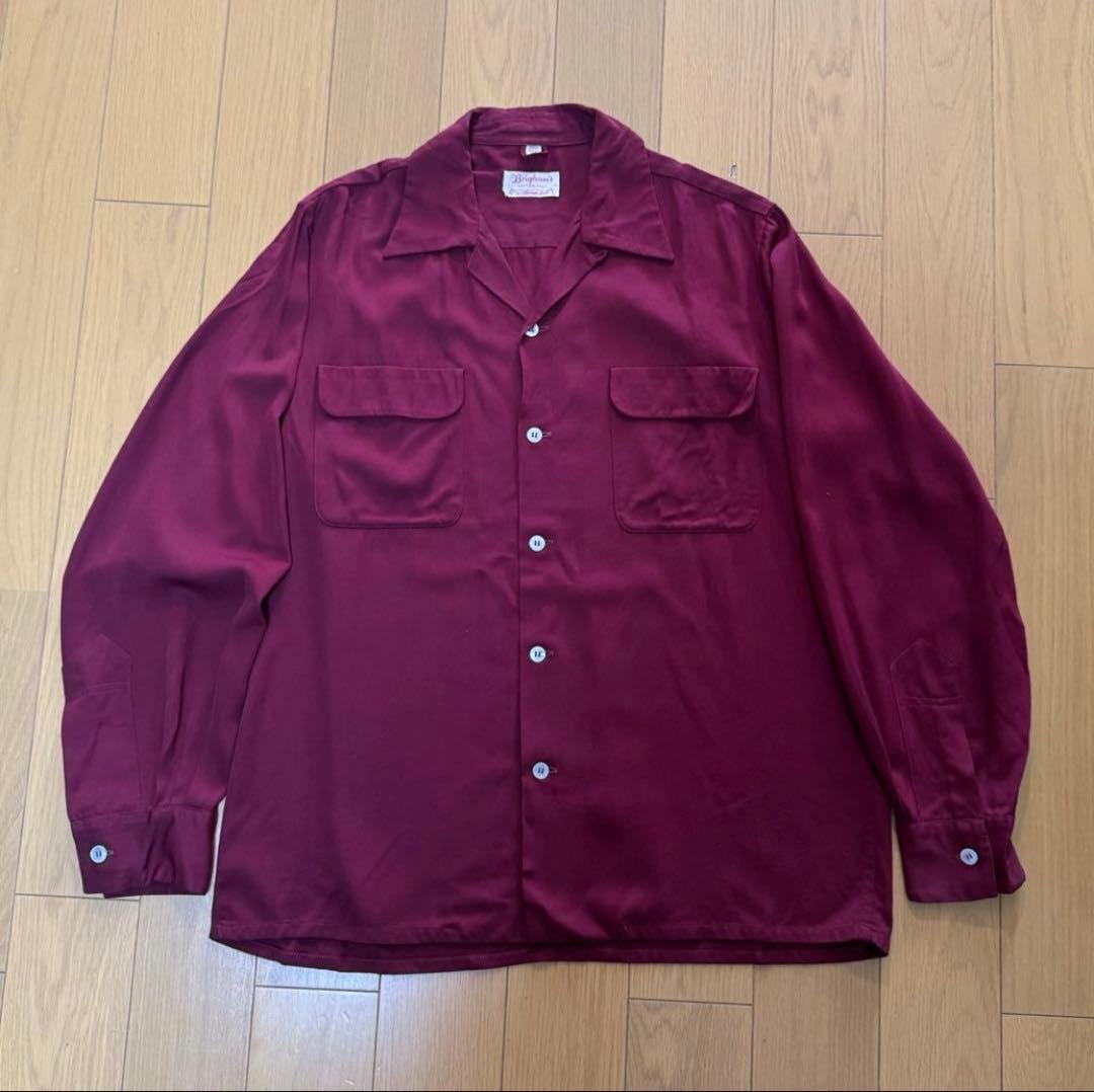 ほ*る様 40s 50s レーヨン ギャバ シャツ オープンカラー ボルドー M